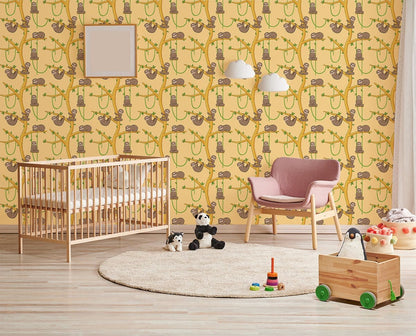 Whimsical Bicycle Patterned Yellow Mural Wallpaper in child's room