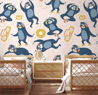 Playful Music-Loving Lemurs Mural Wallpaper in bedroom