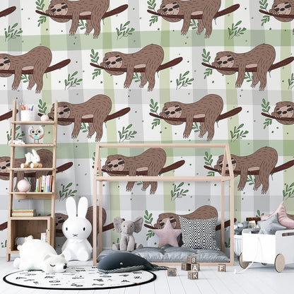 Cute Playful Sloth Pattern Mural Wallpaper in children's room