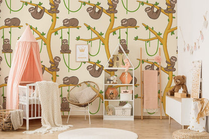 Whimsical Playful Sloth Tree Mural Wallpaper in children's room