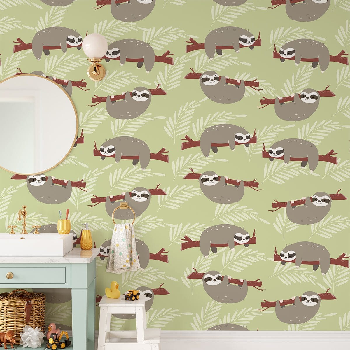 Charming Sloth Green Nursery Mural Wallpaper