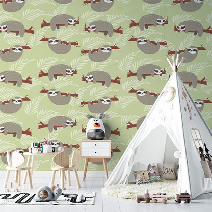 Charming Sloth Green Nursery Mural Wallpaper in playroom