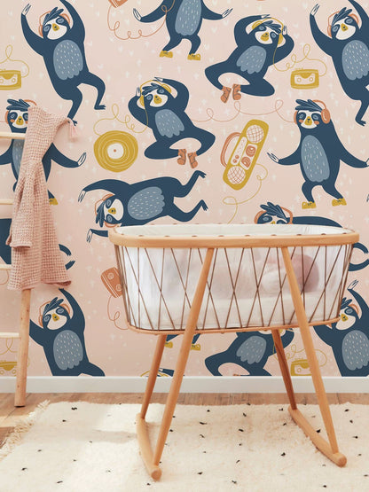 Playful Music-Loving Lemurs Mural Wallpaper in nursery