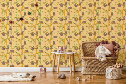 Whimsical Bicycle Patterned Yellow Mural Wallpaper in children's room