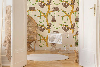 Whimsical Playful Sloth Tree Mural Wallpaper in nursery