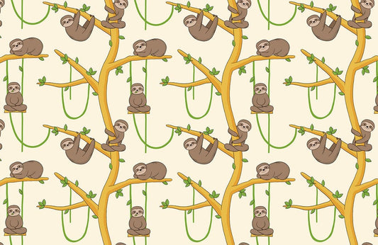 Whimsical Playful Sloth Tree Mural Wallpaper