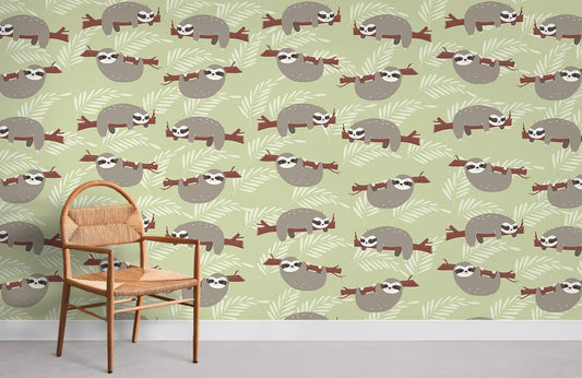 Charming Sloth Green Nursery Mural Wallpaper in bedroom