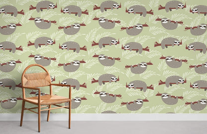 Charming Sloth Green Nursery Mural Wallpaper in bedroom