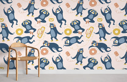 Playful Music-Loving Lemurs Mural Wallpaper in playroom