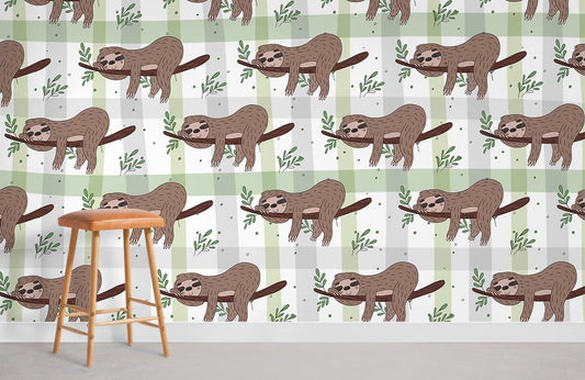 Cute Playful Sloth Pattern Mural Wallpaper