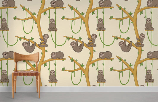Whimsical Playful Sloth Tree Mural Wallpaper