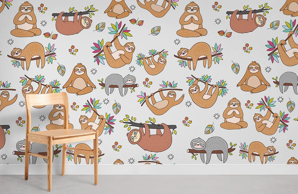 Sloths on a forest wallpaper mural in the room