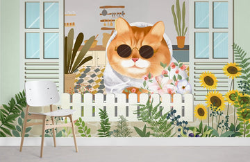 Whimsical Cat Floral Garden Mural Wallpaper