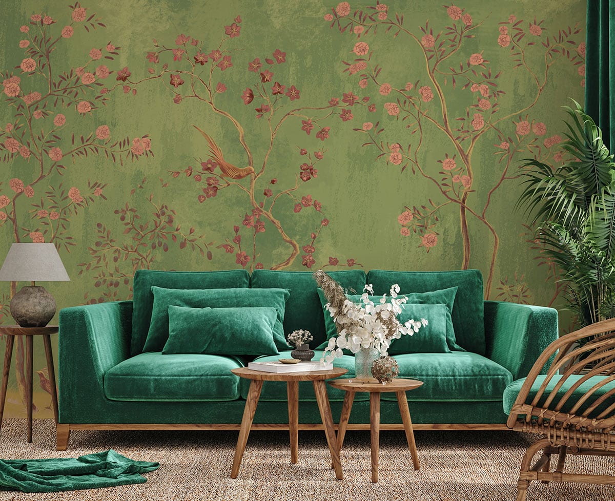 bird and flower branch wallpaper interior design