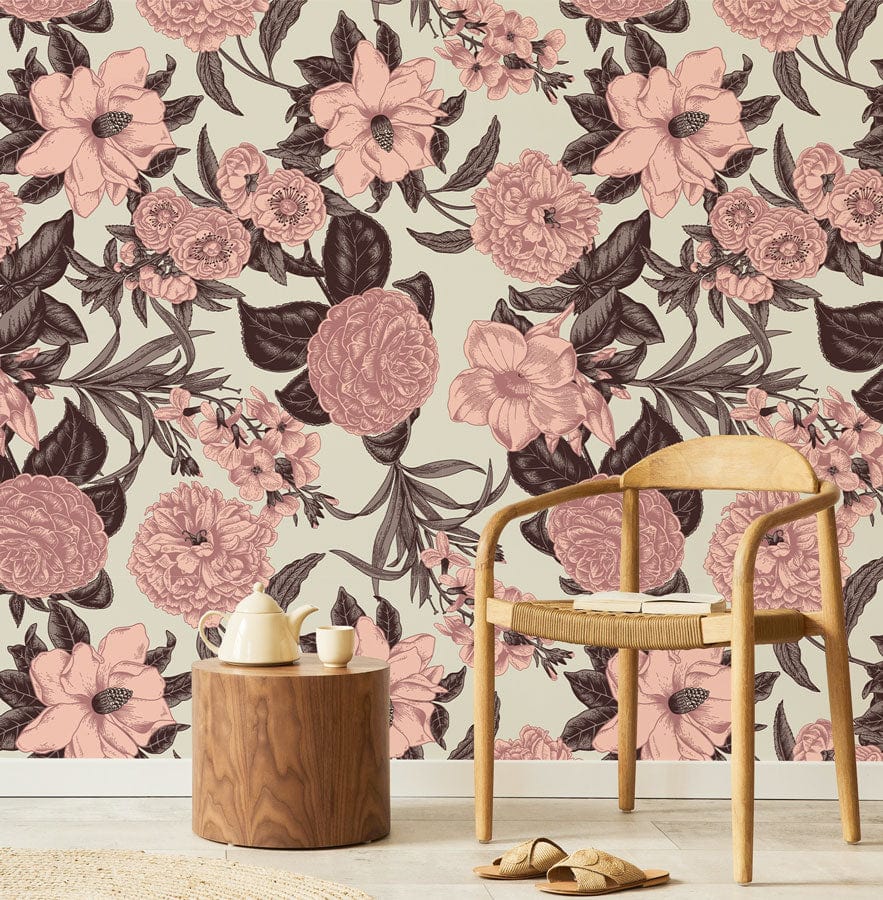 Vintage-style wallpaper mural with pink flowers and a retro look, perfect for the hallway.