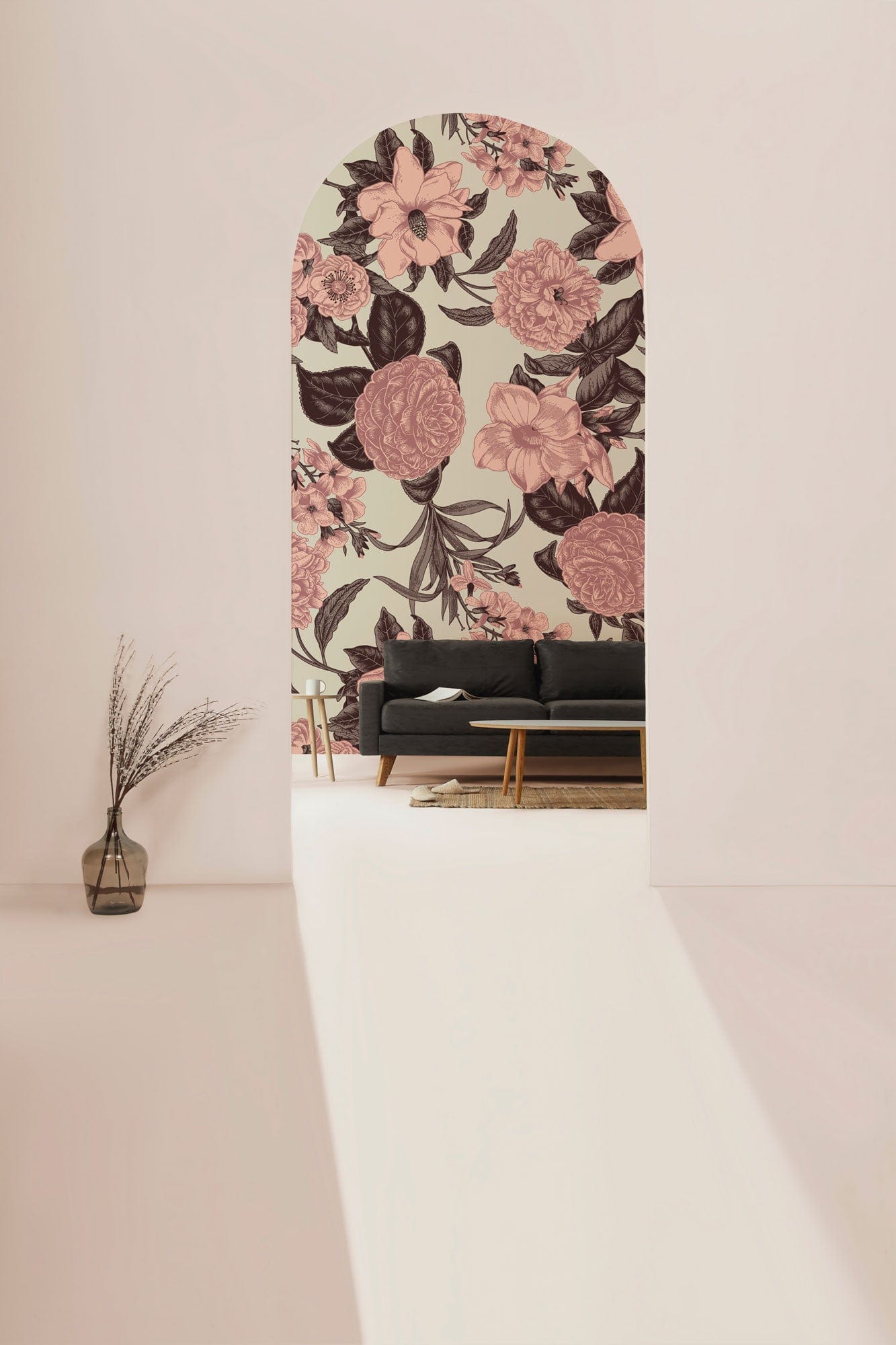 Hallway Decorative Wallpaper Mural Featuring Vintage Pink Flowers