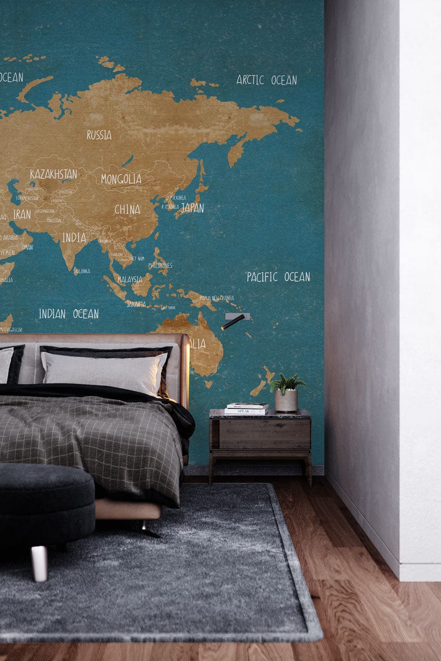 Wallpaper mural with a vintage turquoise map design for bedroom.