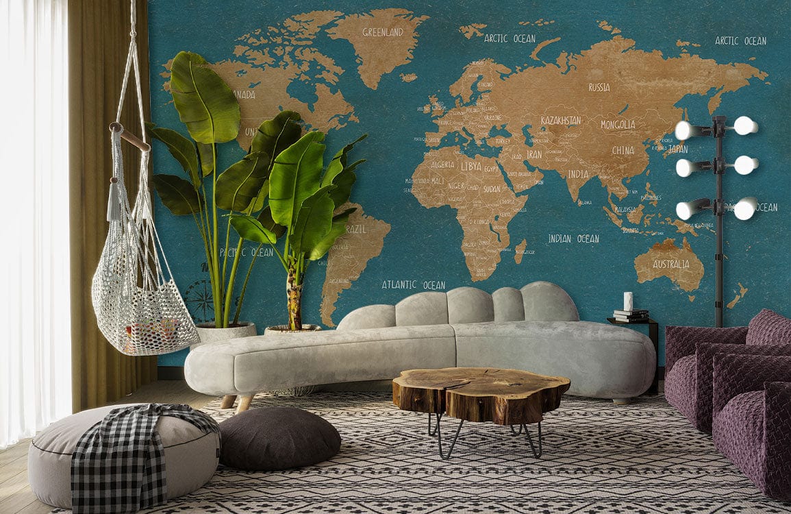 Decorate your living room with this retro wallpaper mural with a turquoise map.