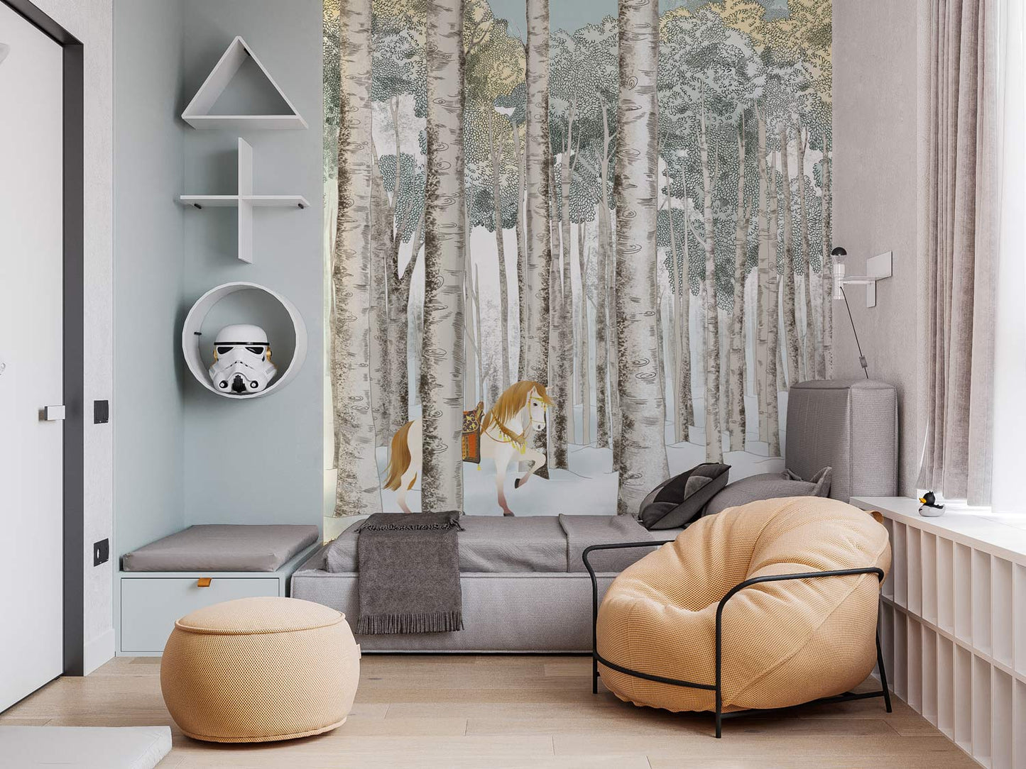 Wallpaper mural with a horse in the woods, perfect for use as bedroom decor.