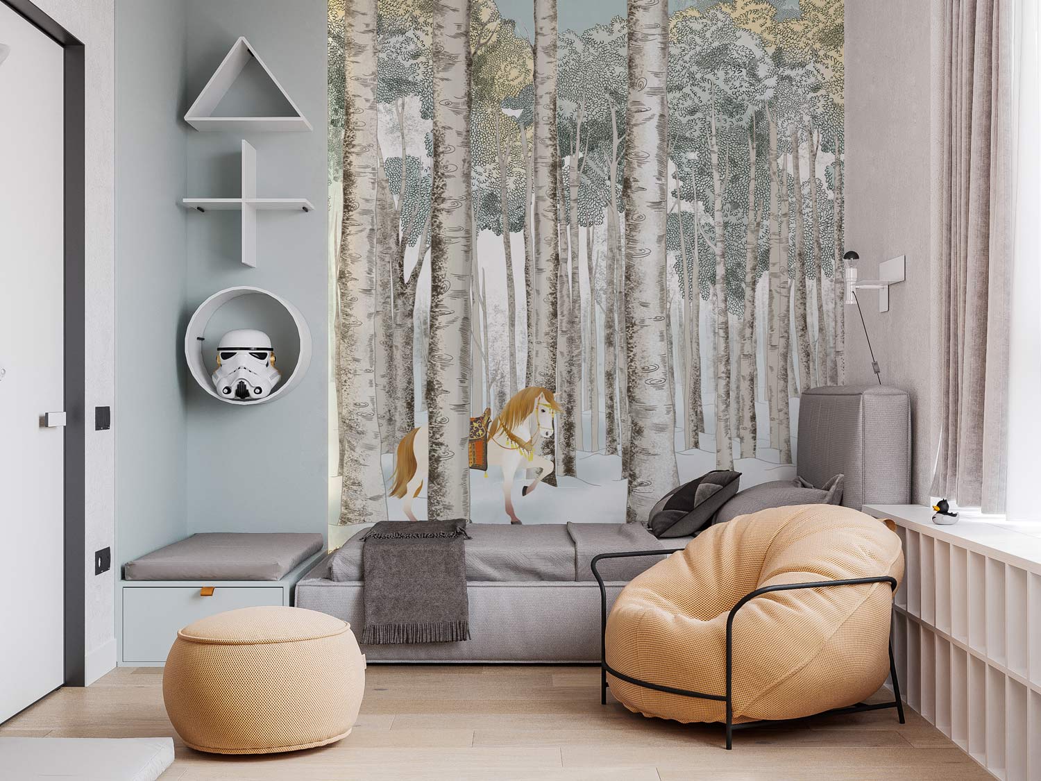 Wallpaper mural with a horse in the woods, perfect for use as bedroom decor.