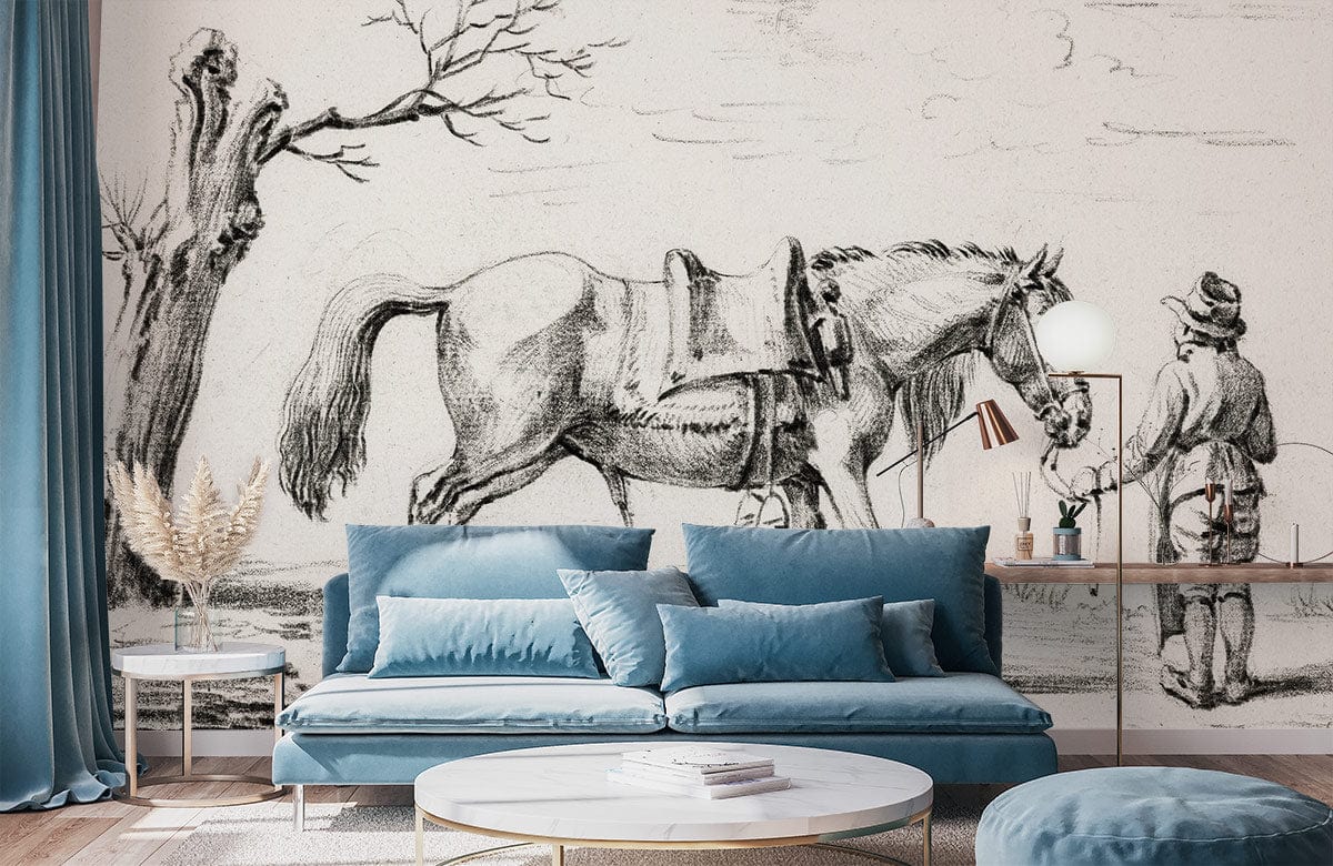 cowboy & Horse sketched Wallpaper Mural for living room