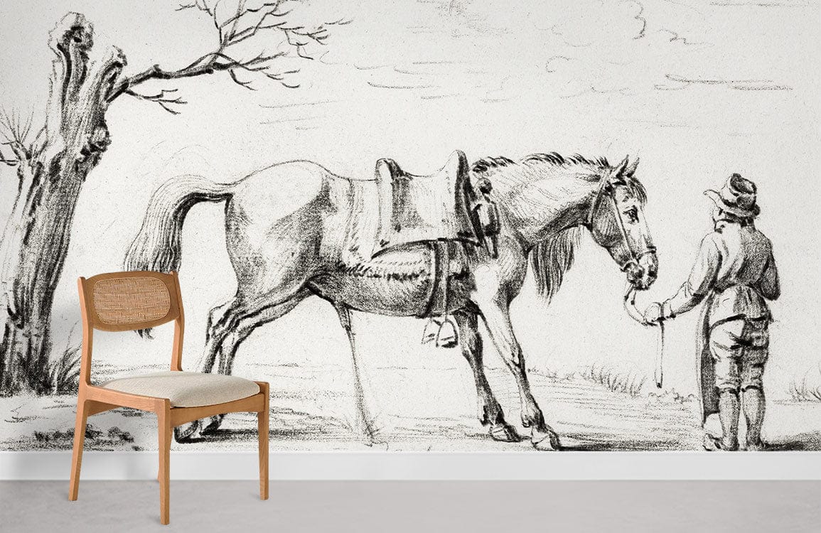 cowboy & Horse sketched Wallpaper Mural for Room decor