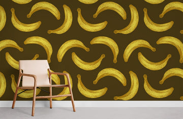 Whimsical Golden Bananas Dark Mural Wallpaper