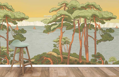 Wallpaper mural of a green riverbank in the room