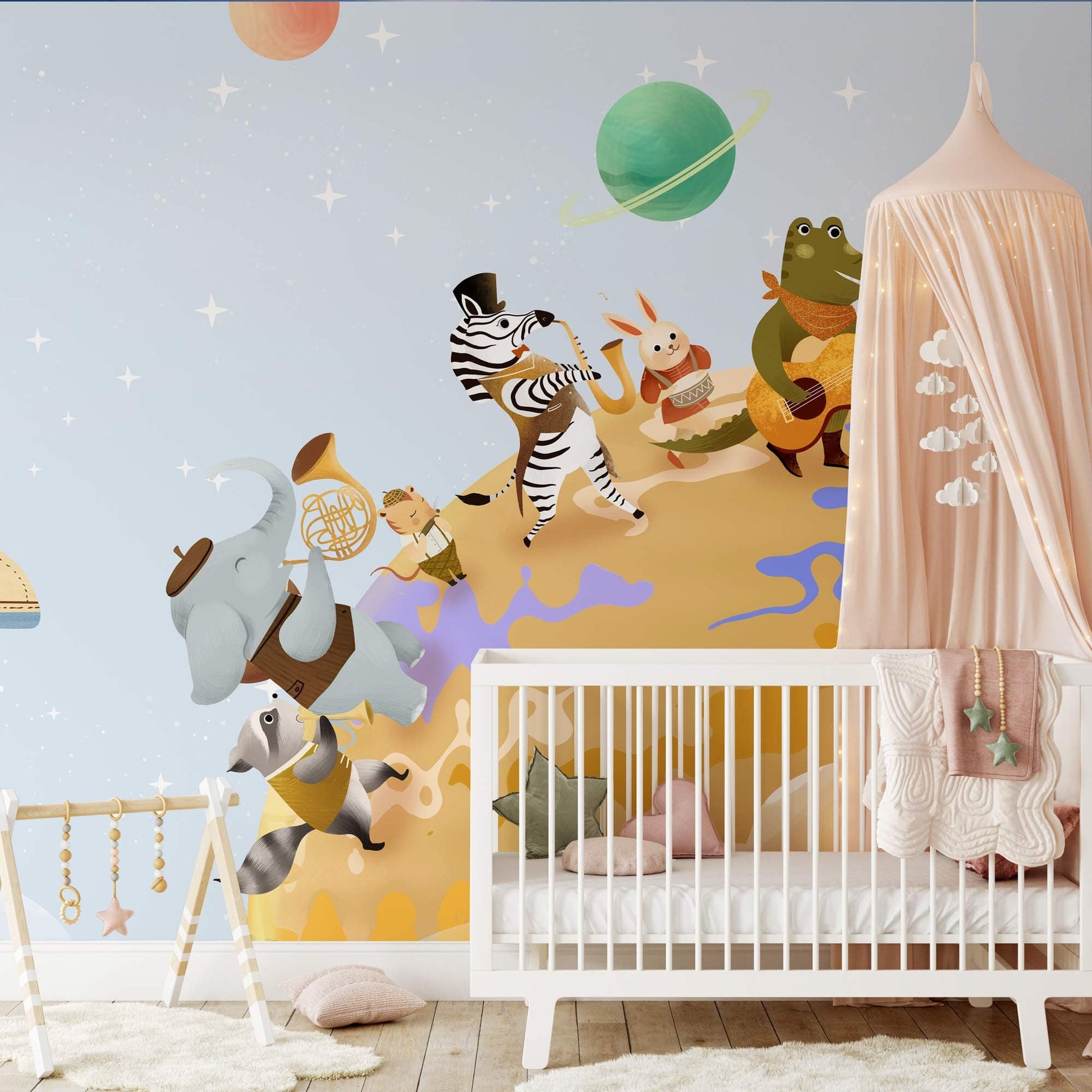 Wallpaper mural featuring roaming animals from the universe affixed on the wall in the nursery.