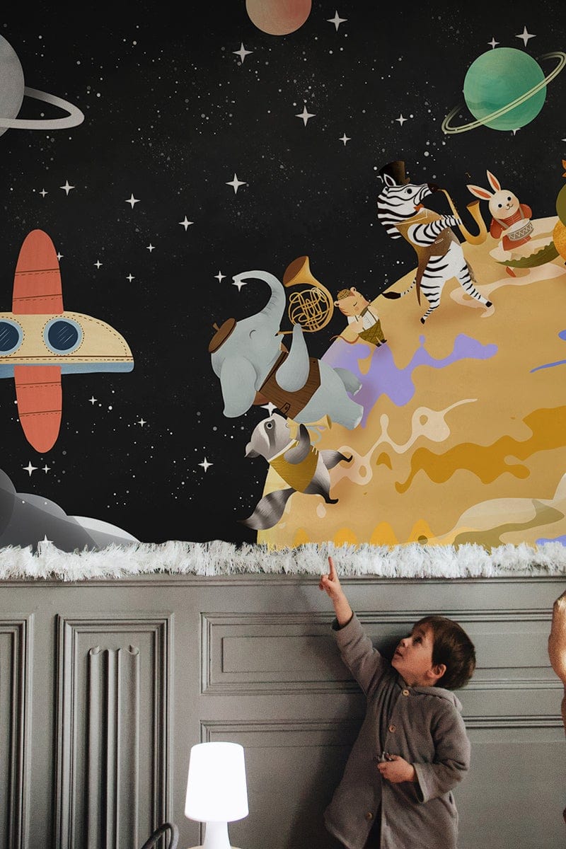 Kids' Room Wallpaper Mural Featuring the Universe and Its Free-Roaming Animals