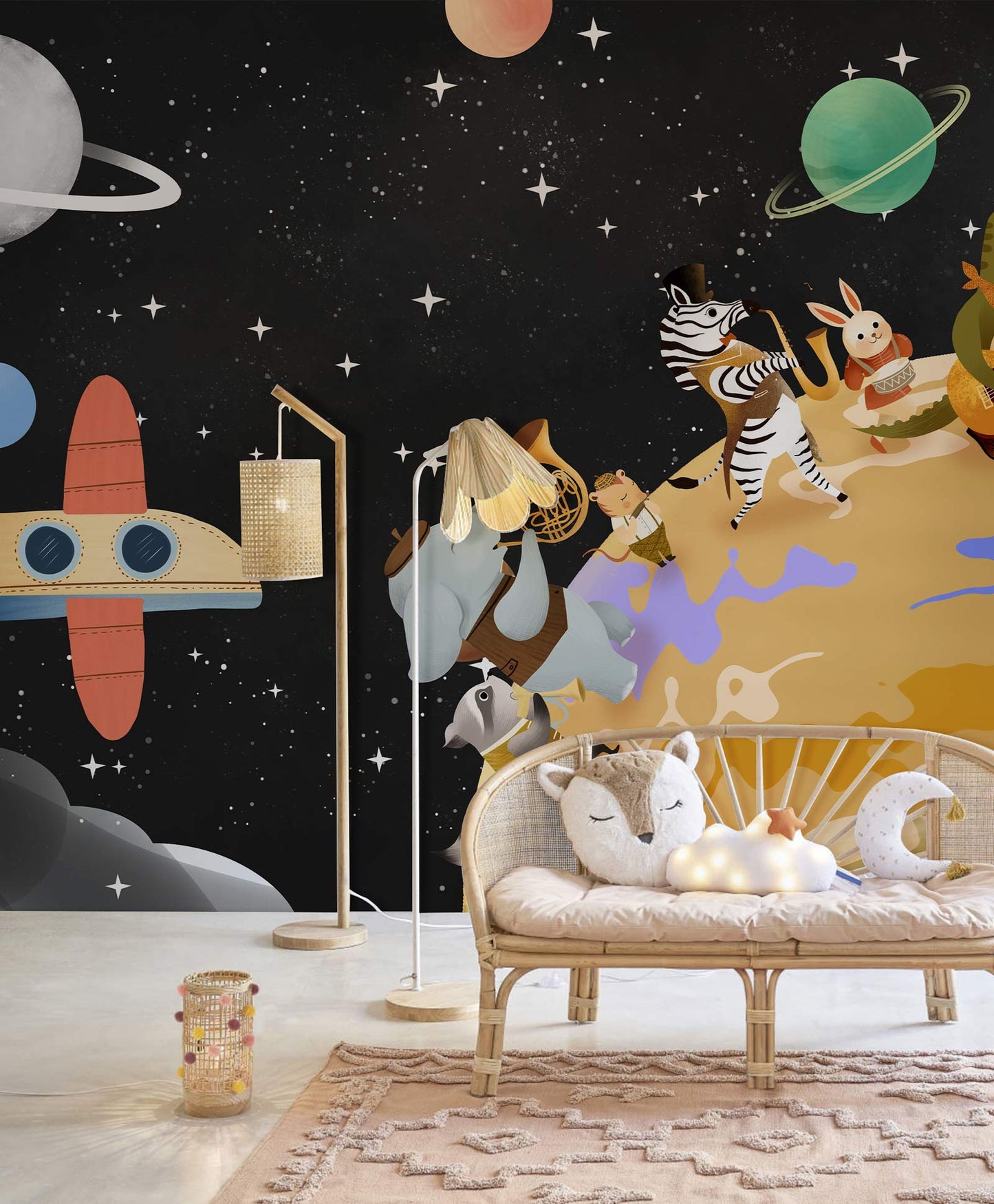 Kids' Room Wallpaper Mural Featuring the Cosmos and Its Animal Residents