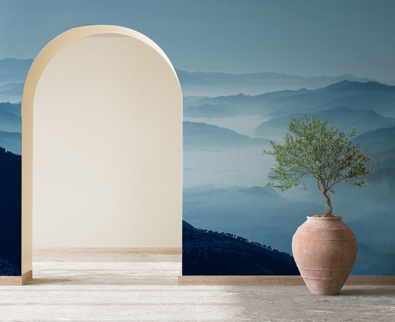 Wallpaper mural featuring rolling misty mountains for use as a hallway decoration