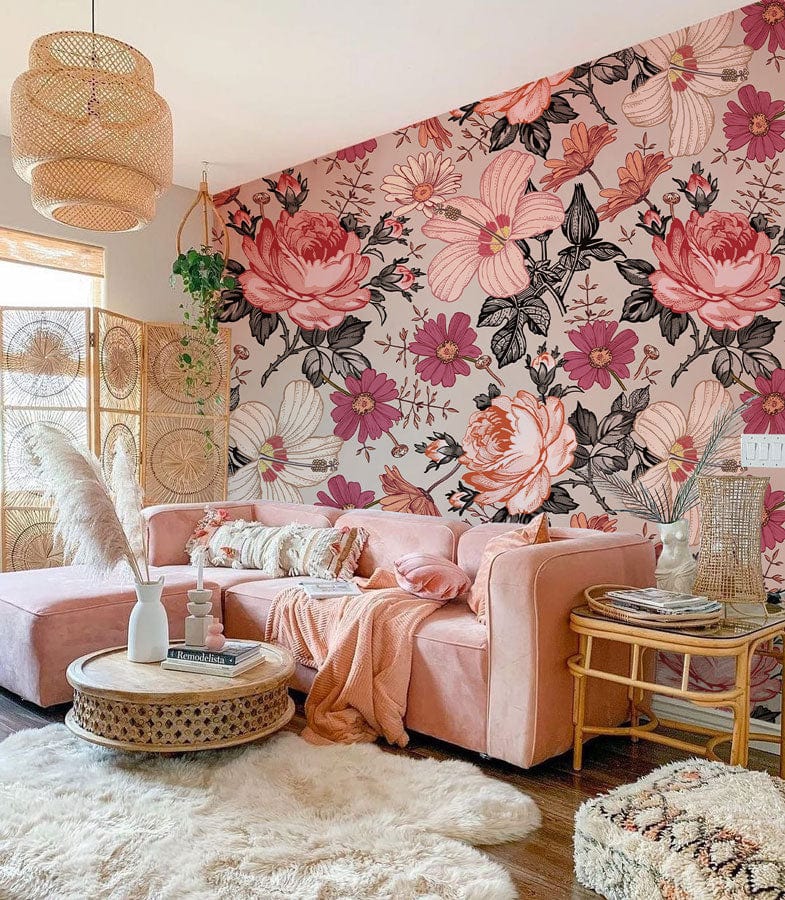 Wallpaper Mural with Romantic Bright Flowers for the Dining Room