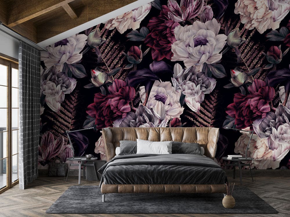 Peony-themed bedroom wallpaper mural with a romantic peony design.