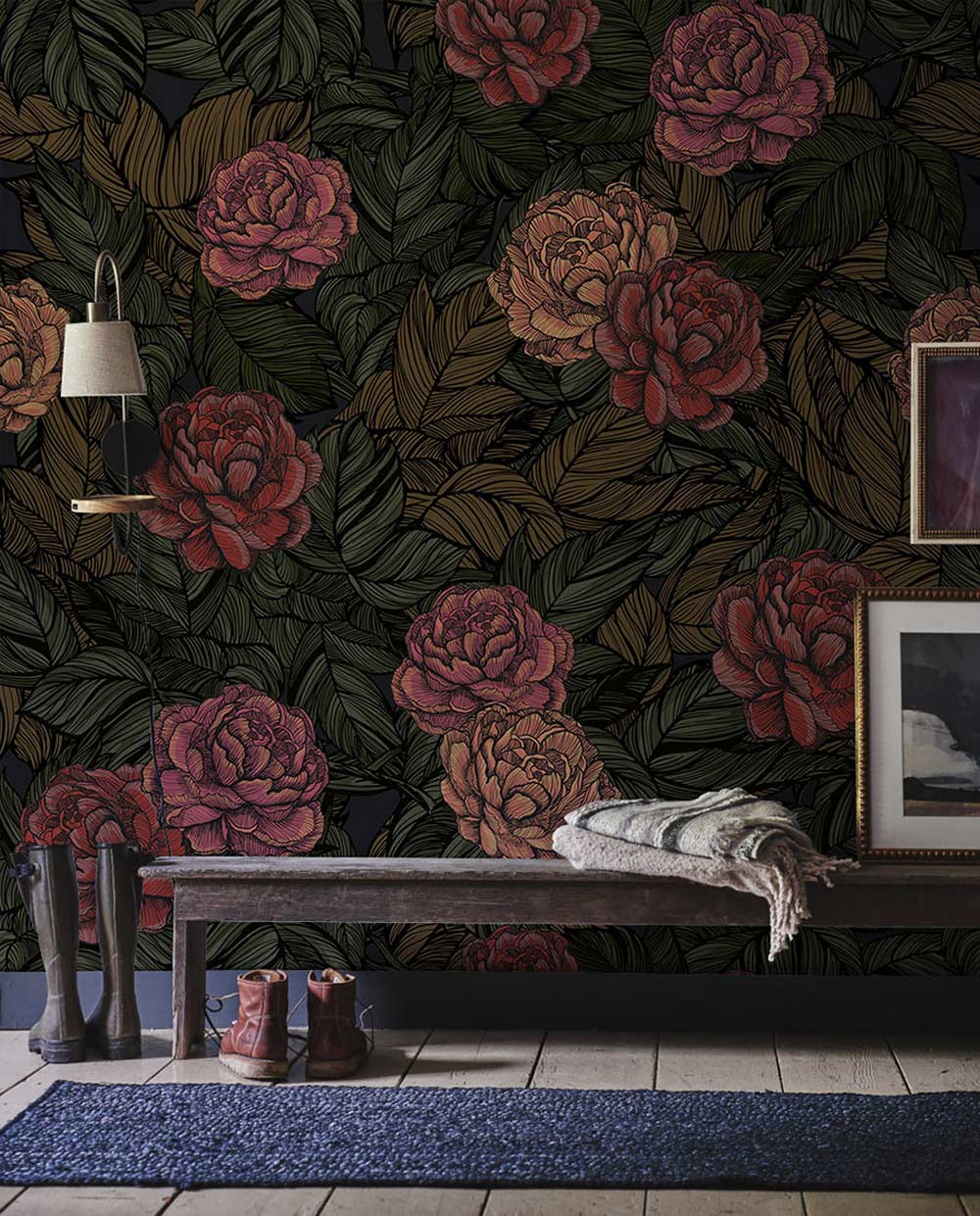 dark rose flower wallpaper mural for hallway