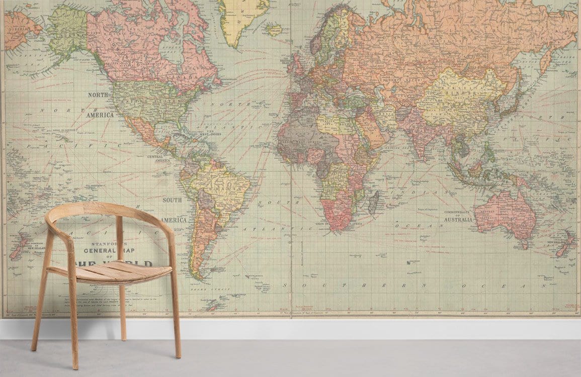 Vintage Stanford General World Map Wallpaper Mural