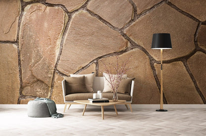 Decorated with an old-fashioned wallpaper mural of an old-fashioned brown brick wall
