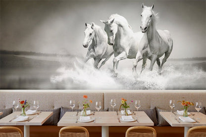 Majestic White Horses Running Mural Wallpaper in dining area