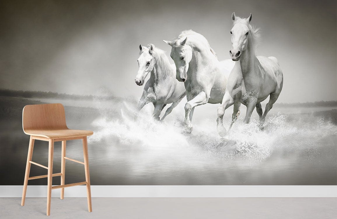 Majestic White Horses Running Mural Wallpaper