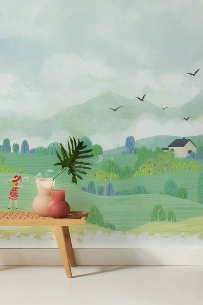 Misty Countryside Landscape Mural Wallpaper