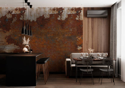 Rustic Industrial Orange Rust Mural Wallpaper in dining room