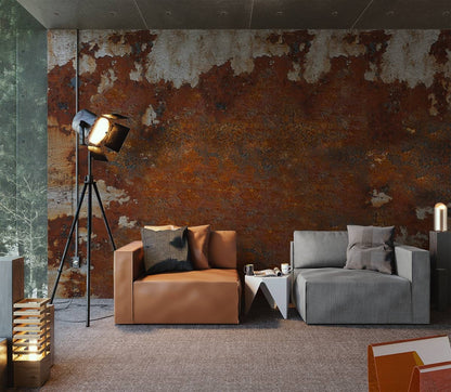 Rustic Industrial Orange Rust Mural Wallpaper in living room