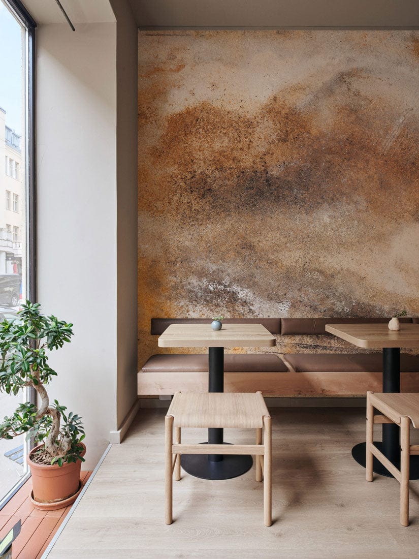 Mural wallpaper featuring rust spots and a grain texture, perfect for the dining room.