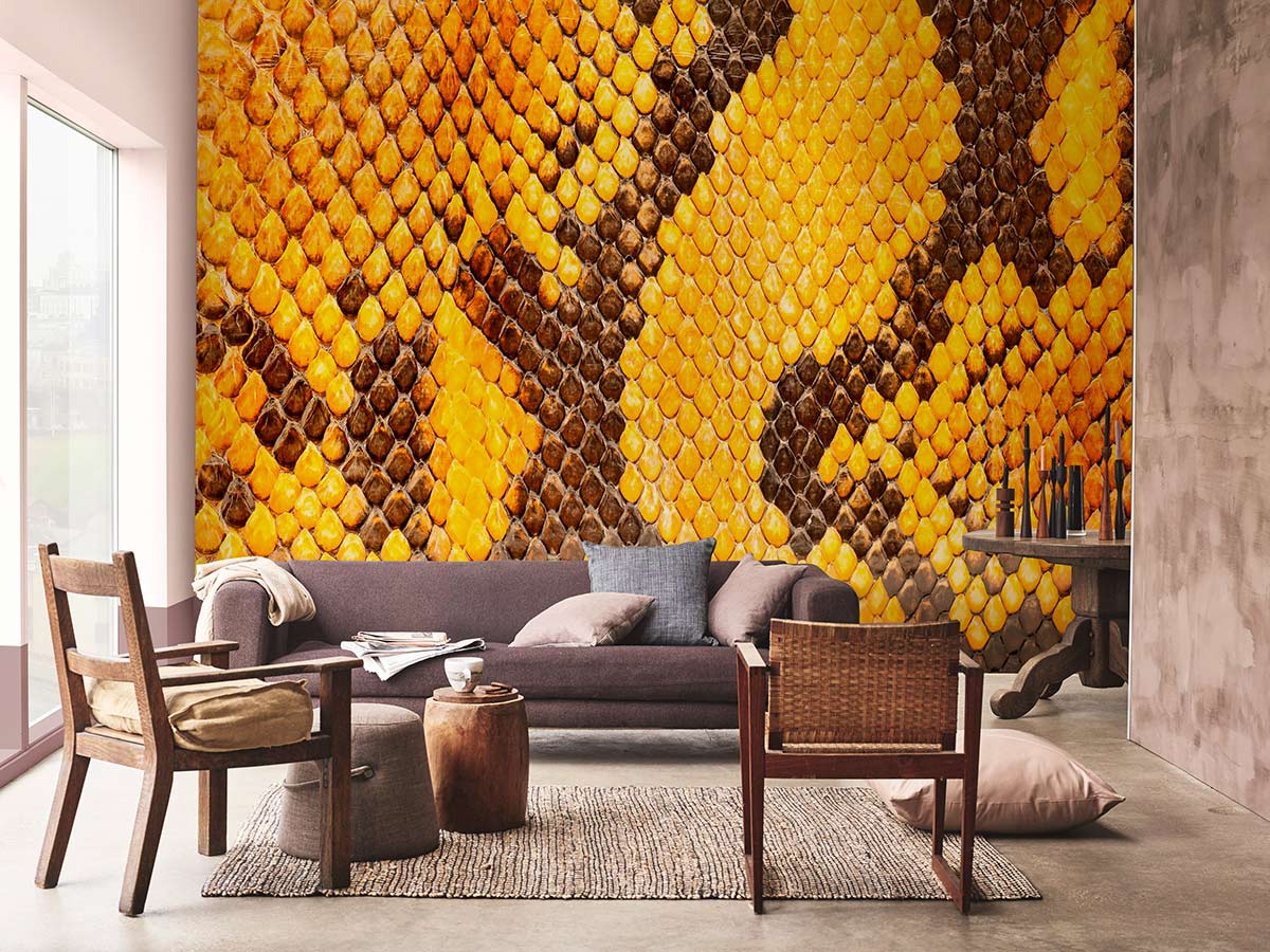 mural wallpaper featuring a unique python skin design, perfect for the living room