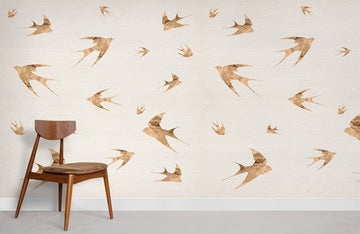 Beige Swallow Bird Pattern Mural Wallpaper