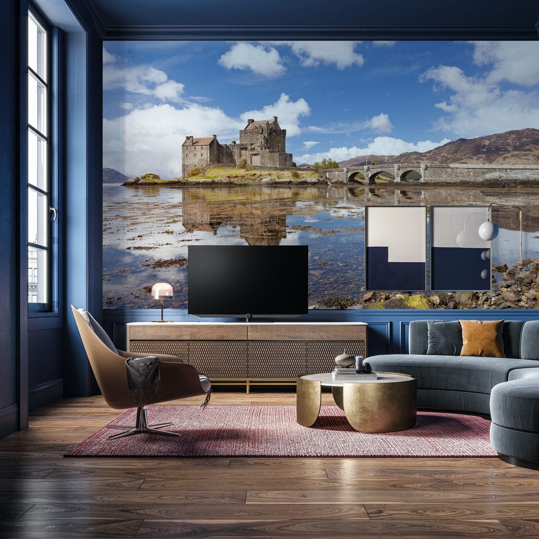 Wallpaper mural featuring a Scottish castle scene for use in decorating a living room