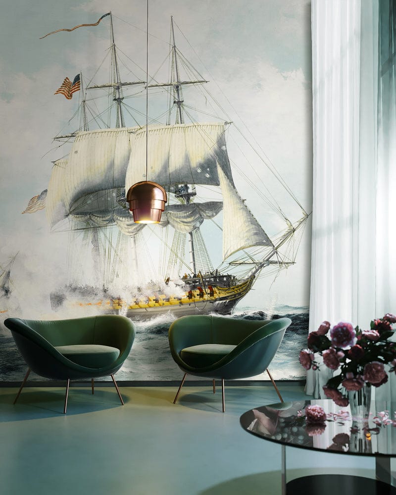large white boat on the water in custom wallpaper for the hallway