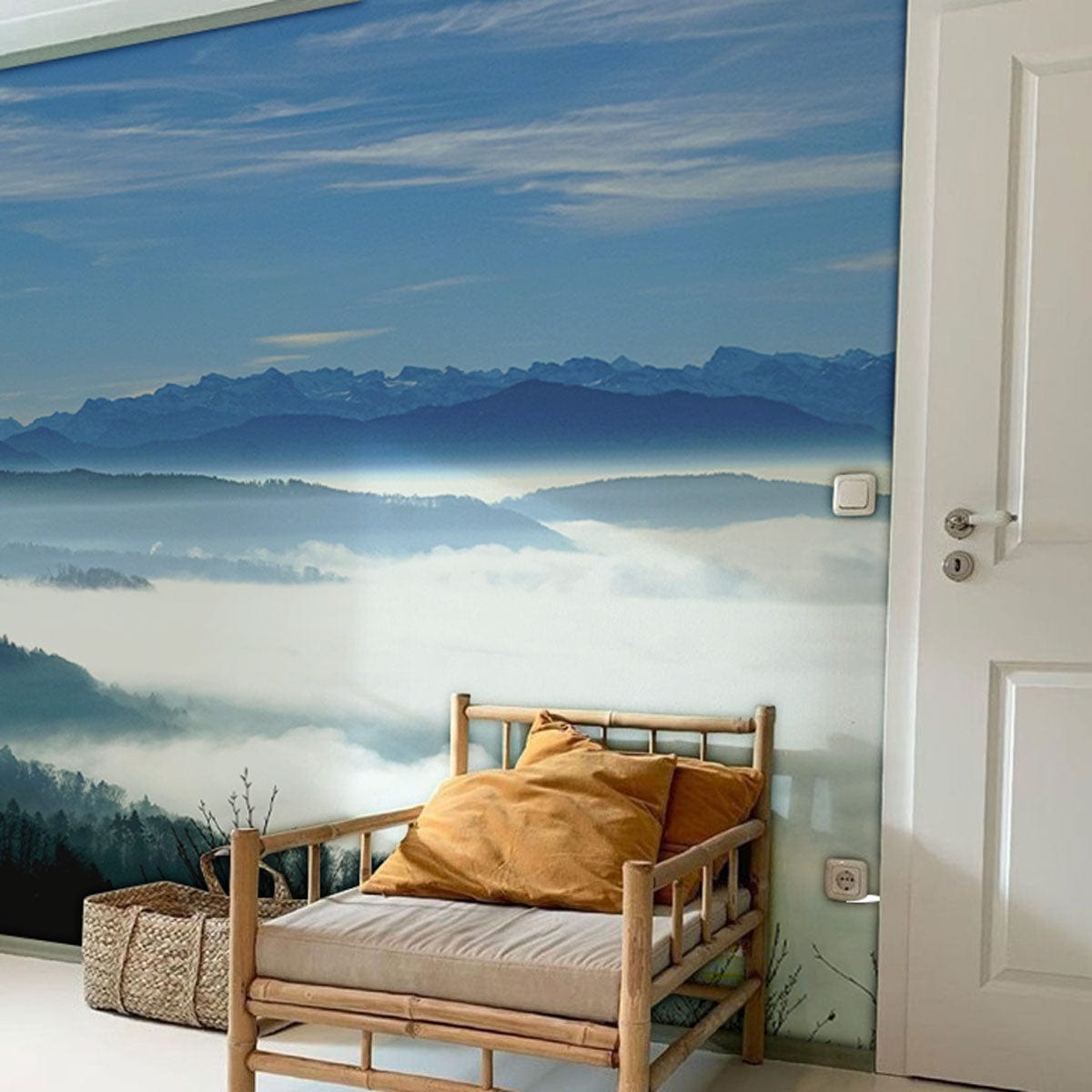 Wallpaper mural for the hallway decor featuring a sea of clouds on mountains.