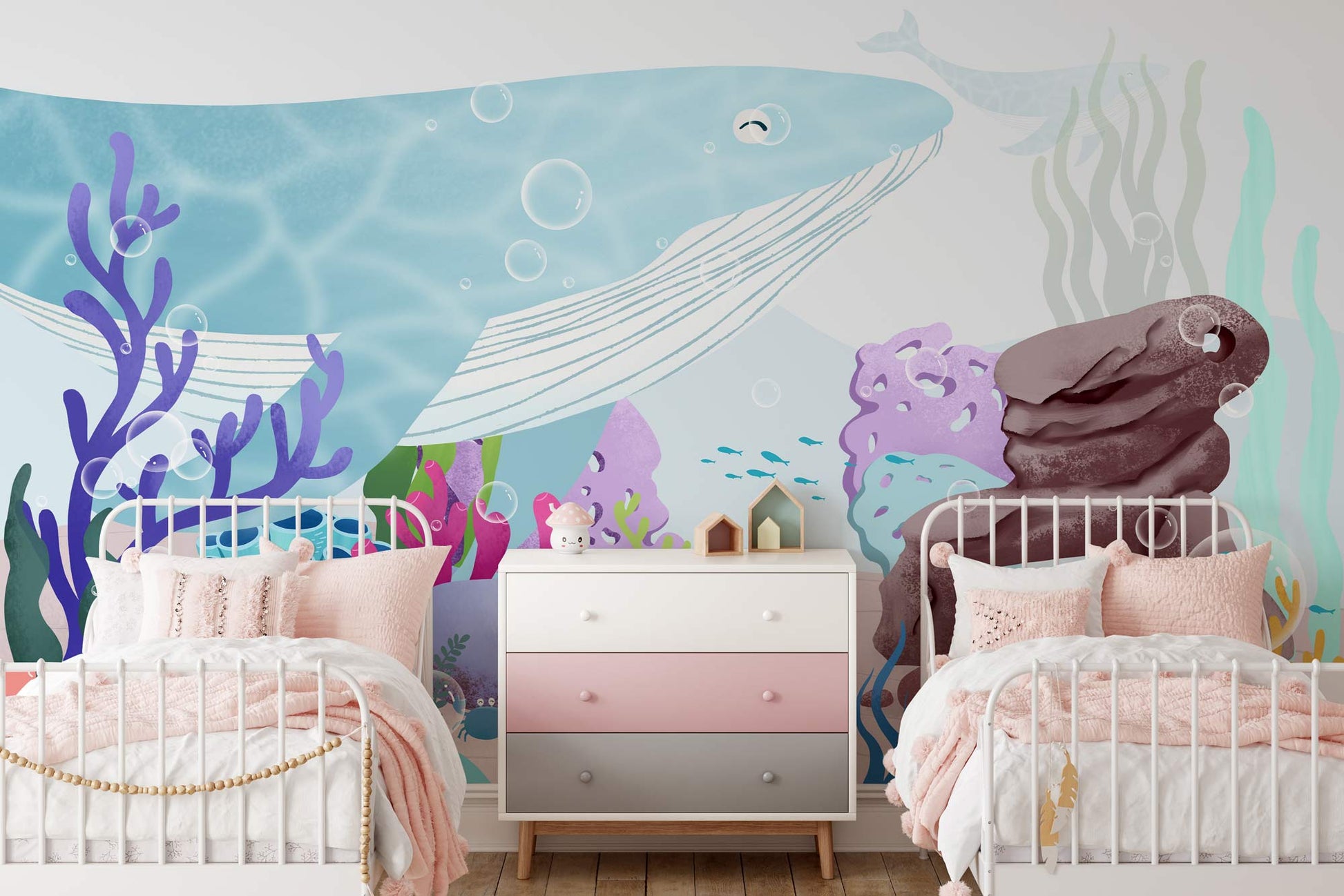 Wallpaper mural featuring seabed animals for use in decorating a nursery