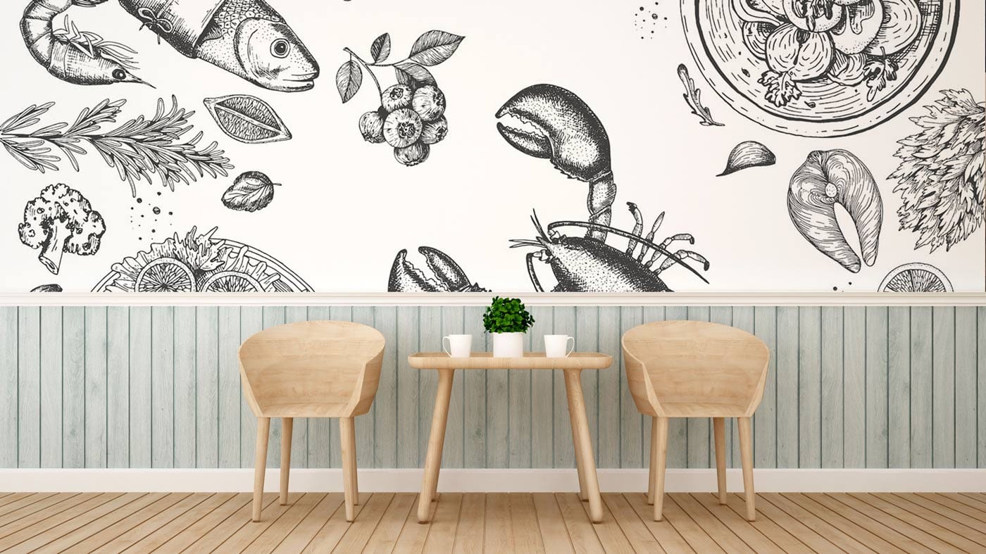 Dining Room Wallpaper Mural Featuring Seafood